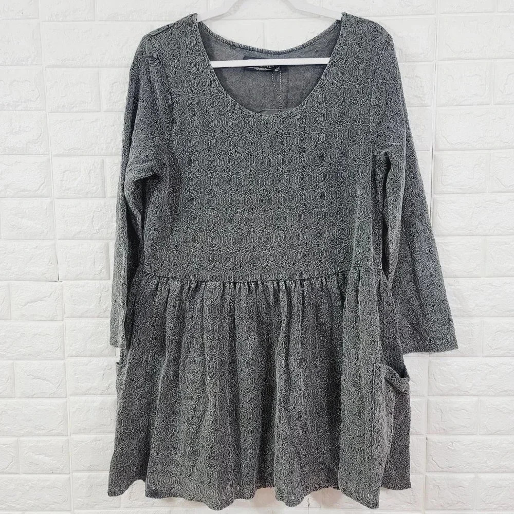 Evil Twin Women's Eyelet Relaxed Fit Babydoll Knit Top Long Sleeve Gray Size L